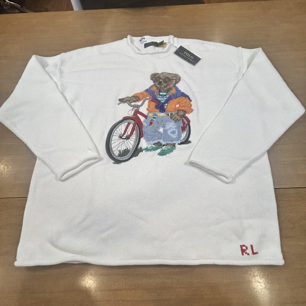 Polo Ralph Lauren Sweater Mens XL White Bear Bicycle Pullover Knit Cotton *SPOT*